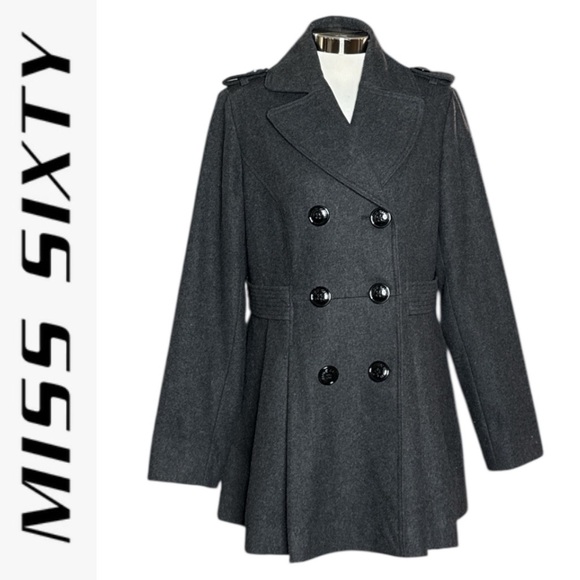 MISS SIXTY VINTAGE CHARCOAL GREY WOOL BLEND Y2K DOUBLE BREASTED PLEATED COAT - Picture 1 of 14